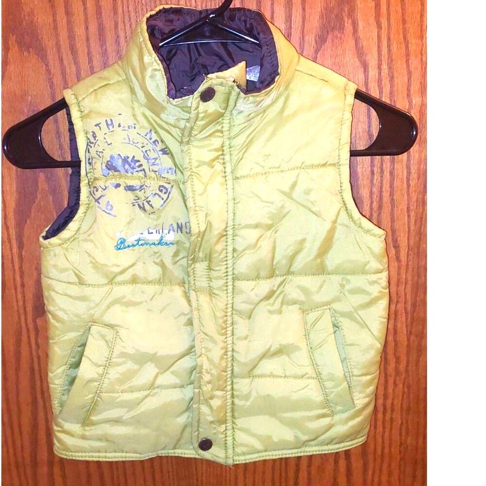 Timberland Boys 4T Grape Leaf Green Puffer Vest Flawed Front Graphic Full Zip